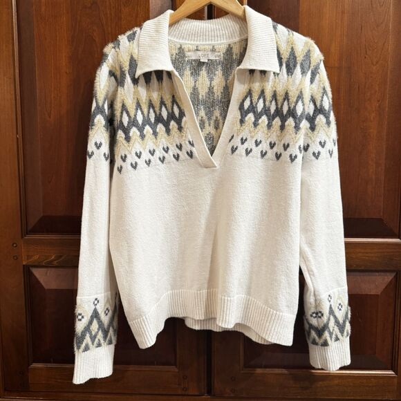 Loft Cream Nordic Fair Isle Collared Split Neck Soft & Cozy Sweater XL - Picture 2 of 16